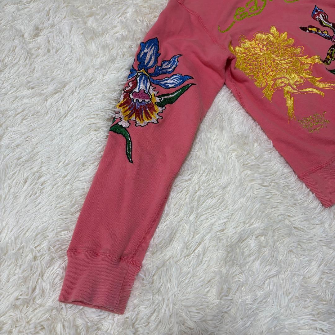 エドハーディ ピンク 刺繍ジップパーカー 花×骸骨 難あり