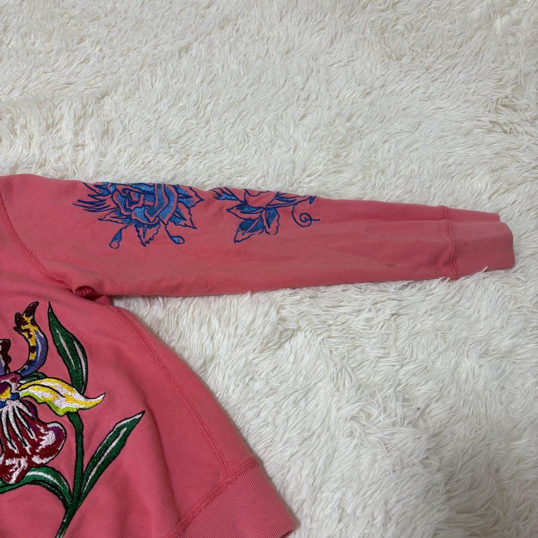 エドハーディ ピンク 刺繍ジップパーカー 花×骸骨 難あり