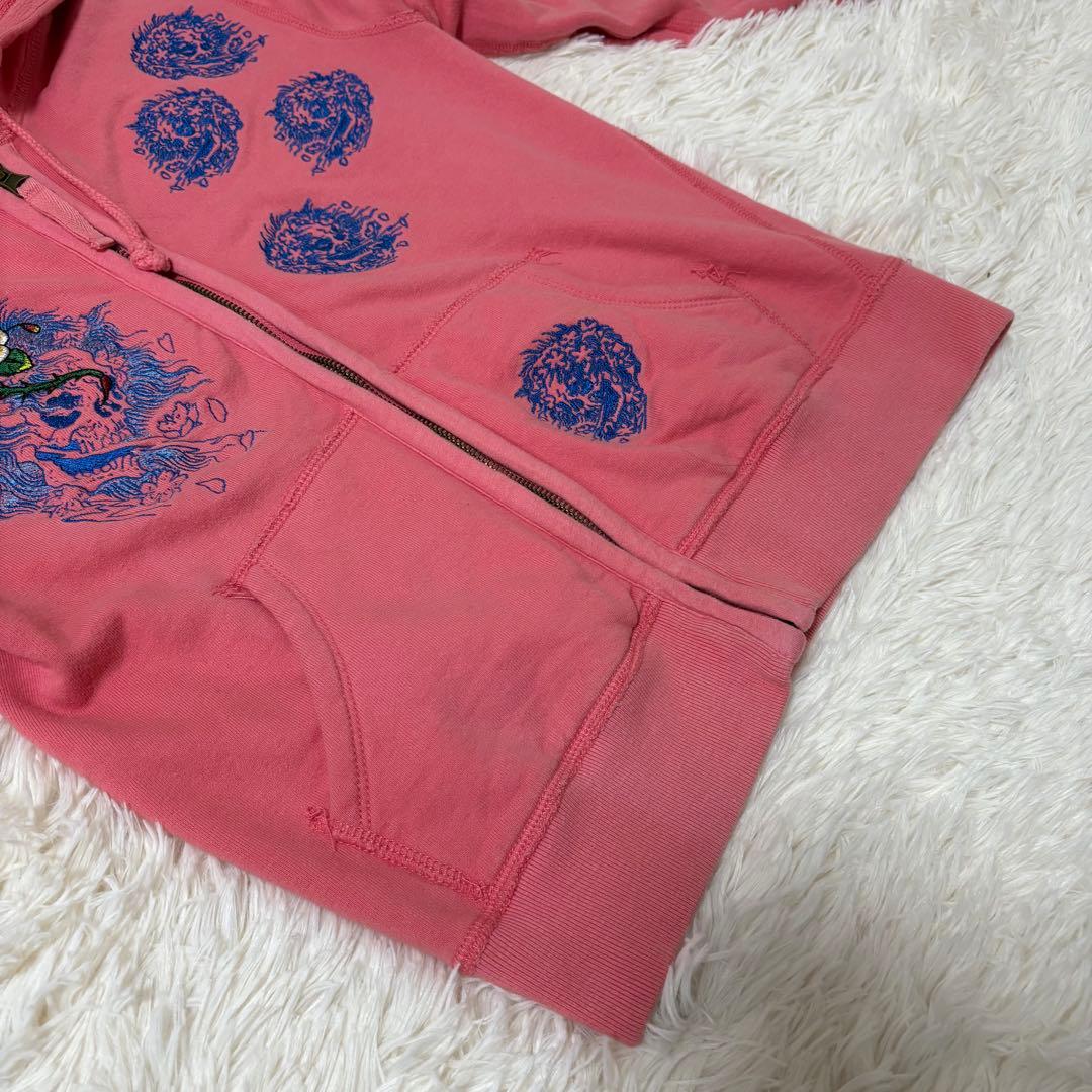 エドハーディ ピンク 刺繍ジップパーカー 花×骸骨 難あり
