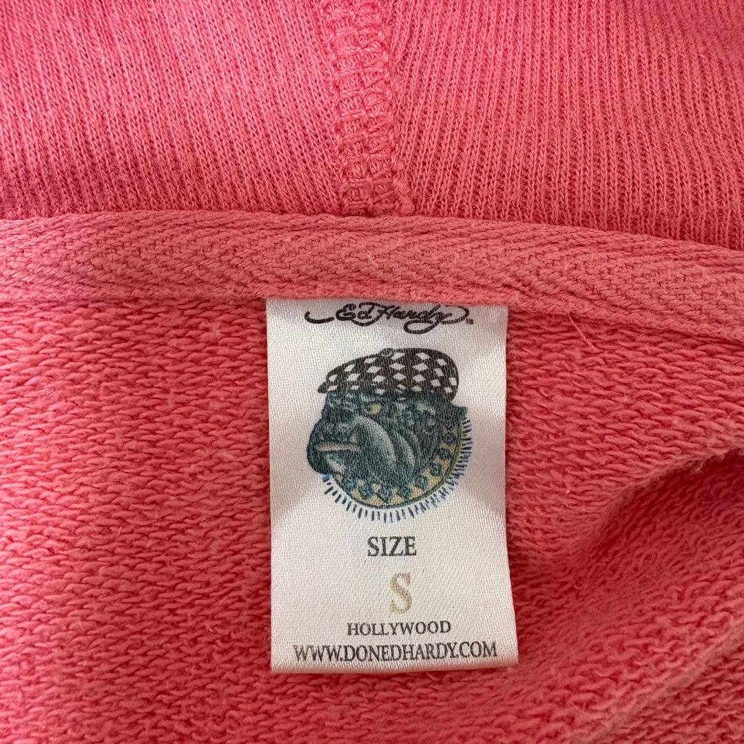 エドハーディ ピンク 刺繍ジップパーカー 花×骸骨 難あり