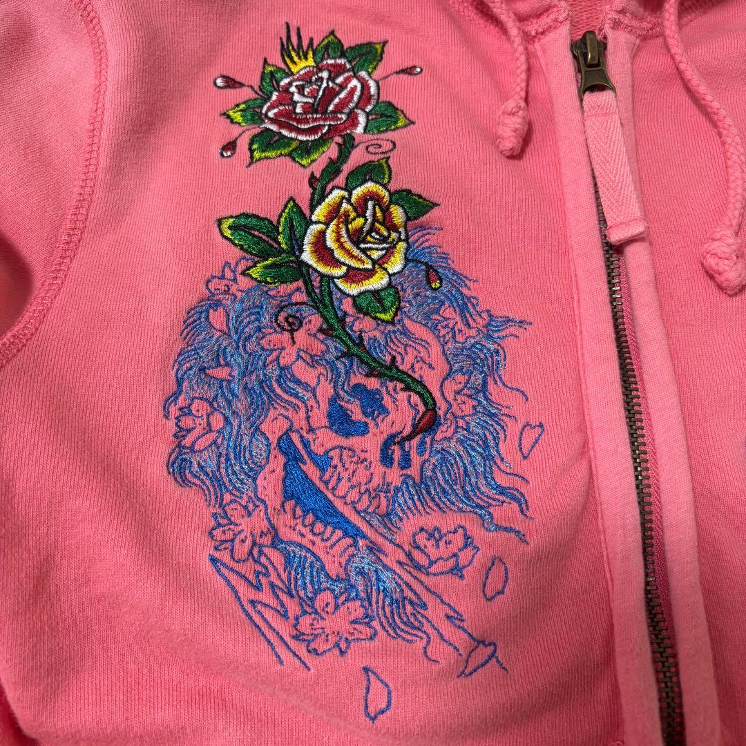 エドハーディ ピンク 刺繍ジップパーカー 花×骸骨 難あり