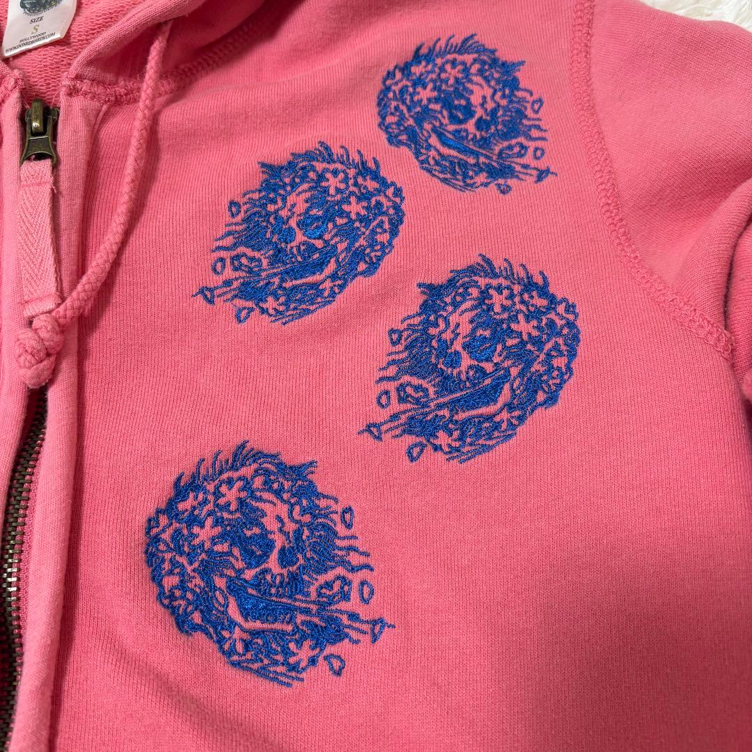 エドハーディ ピンク 刺繍ジップパーカー 花×骸骨 難あり