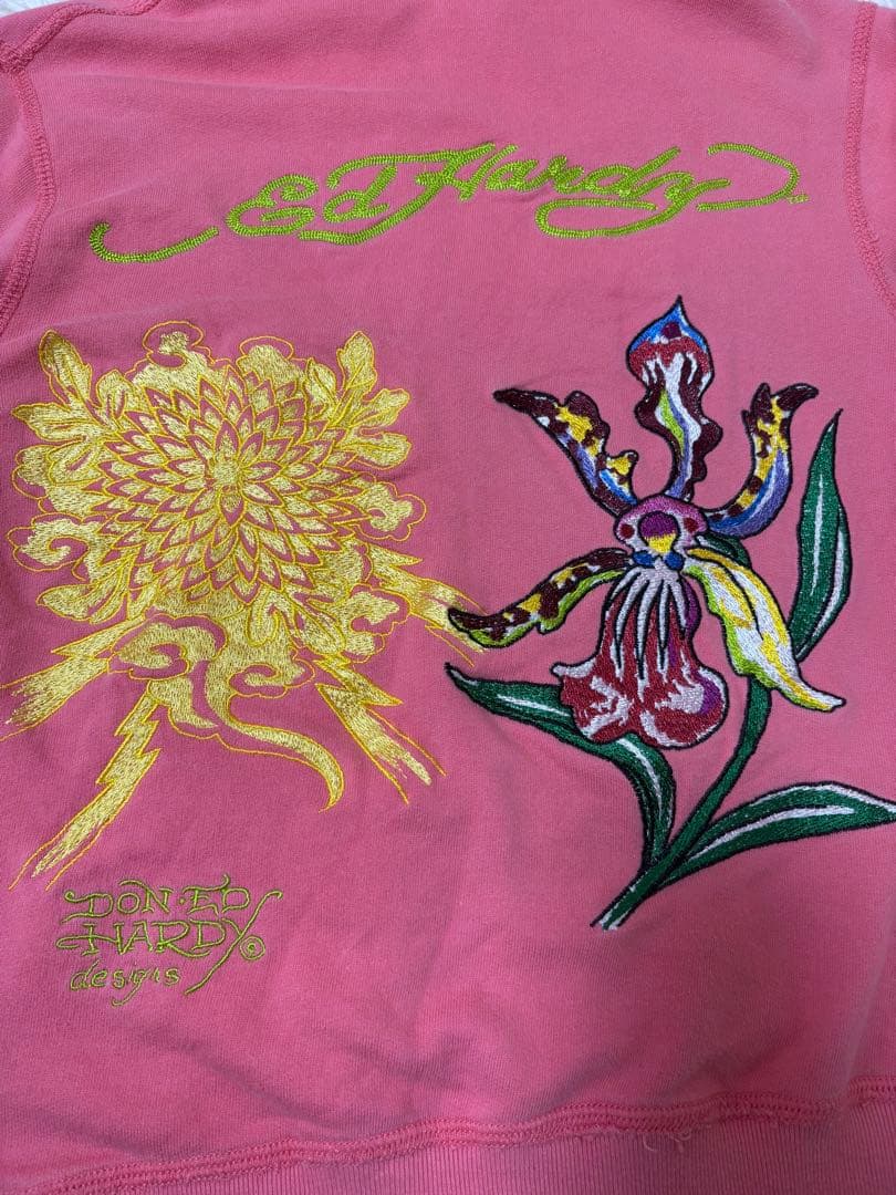 エドハーディ ピンク 刺繍ジップパーカー 花×骸骨 難あり