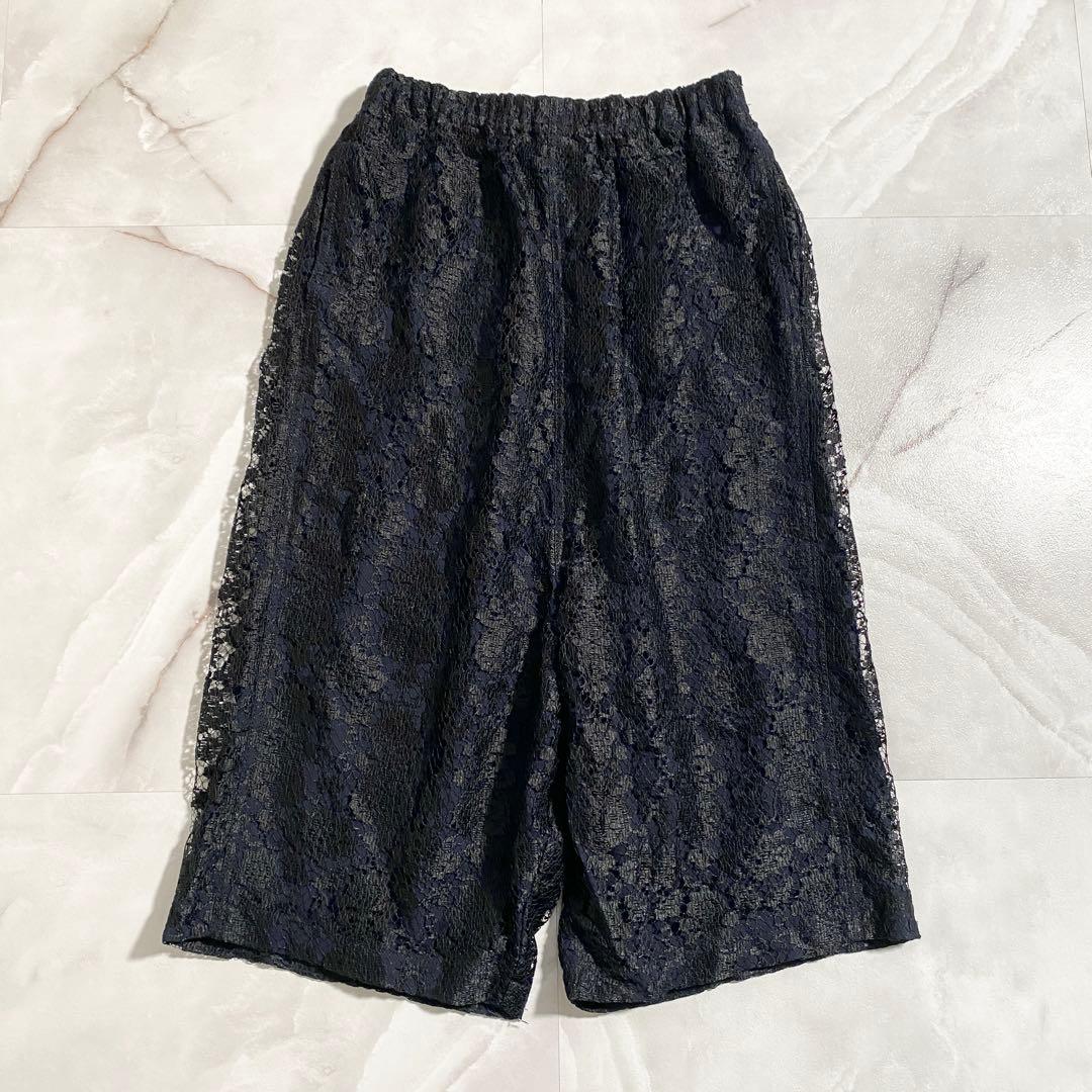 A16625 美品 コムコム12ss 総レース ワイドサルエルパンツ 黒紺 S