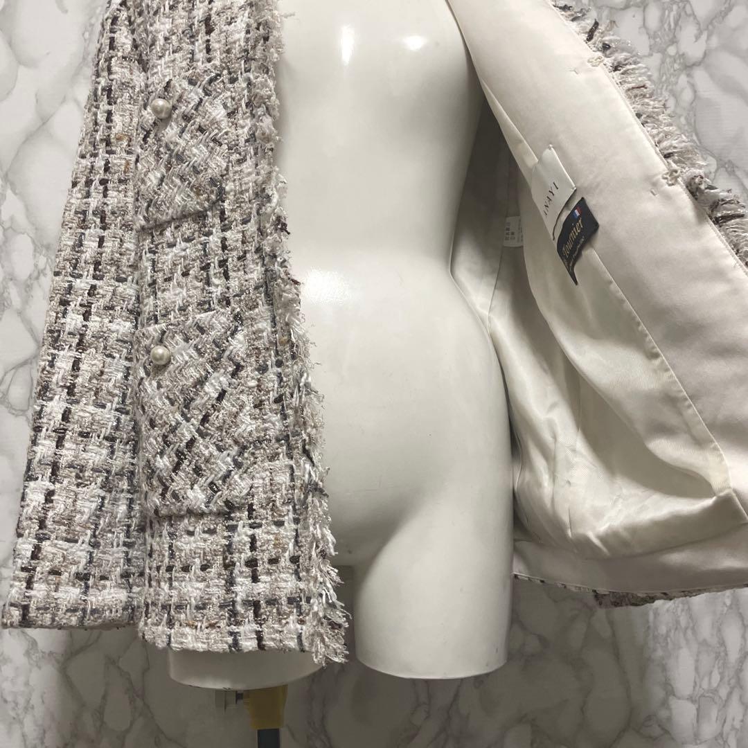 美品スペシャルアイテム　ANAYI ラメスラブツイード　ロングジャケット　パール