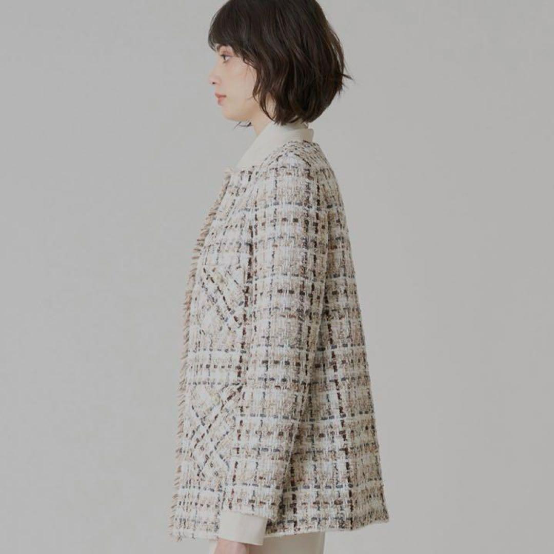 美品スペシャルアイテム　ANAYI ラメスラブツイード　ロングジャケット　パール