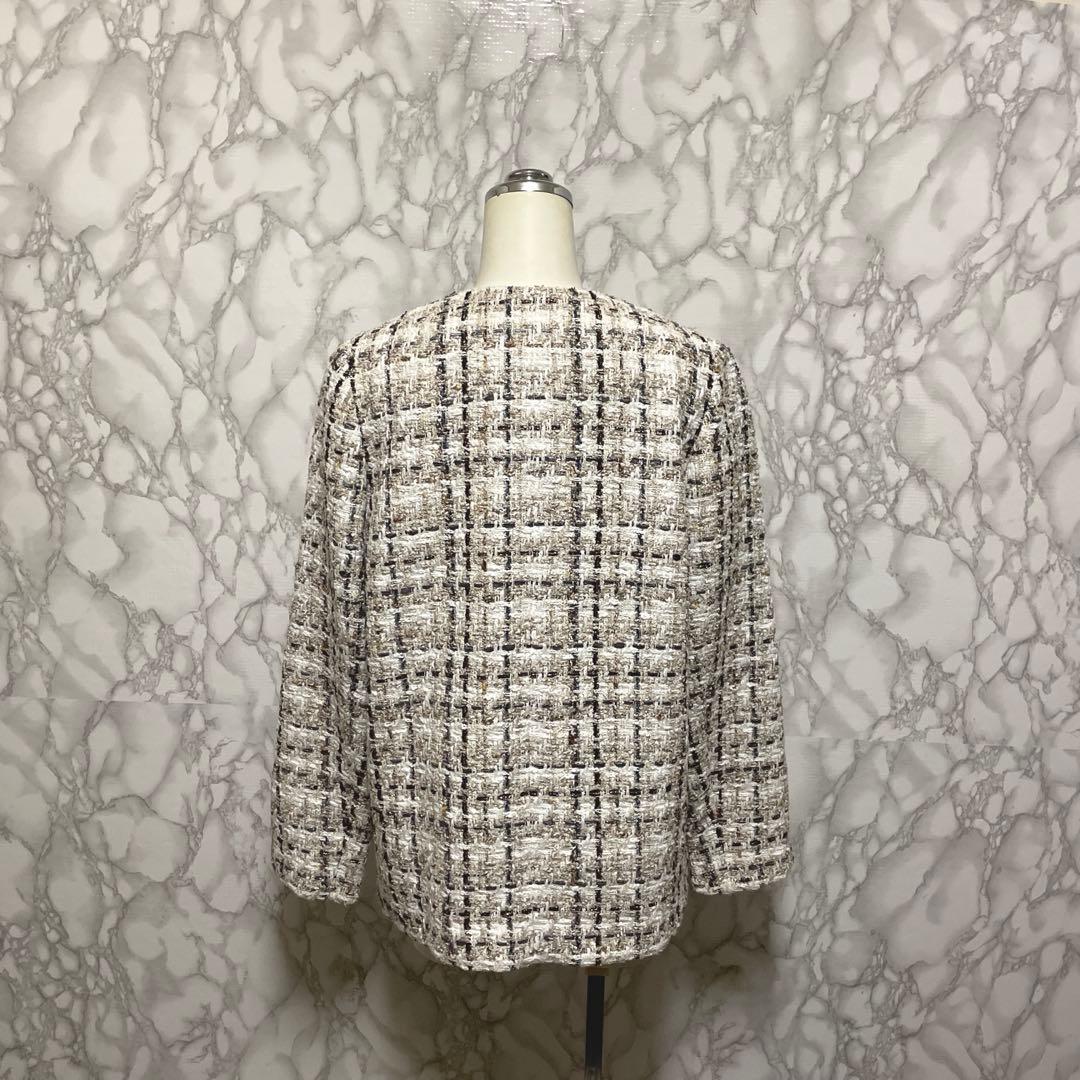 美品スペシャルアイテム　ANAYI ラメスラブツイード　ロングジャケット　パール