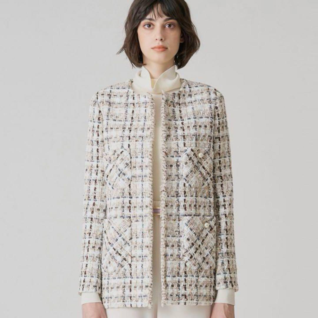 美品スペシャルアイテム　ANAYI ラメスラブツイード　ロングジャケット　パール