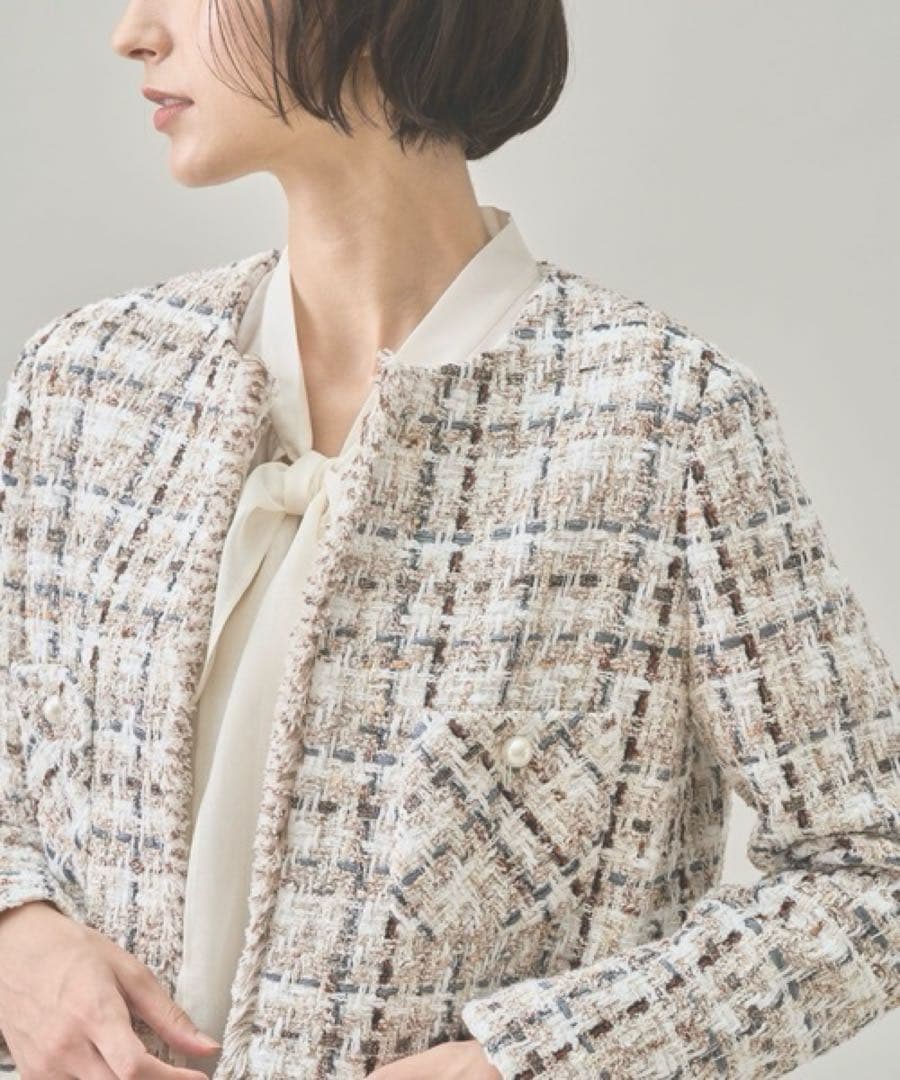 美品スペシャルアイテム　ANAYI ラメスラブツイード　ロングジャケット　パール