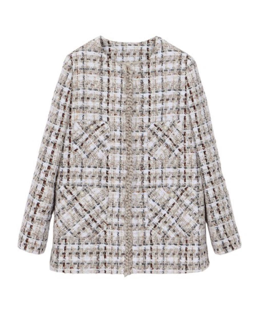 美品スペシャルアイテム　ANAYI ラメスラブツイード　ロングジャケット　パール