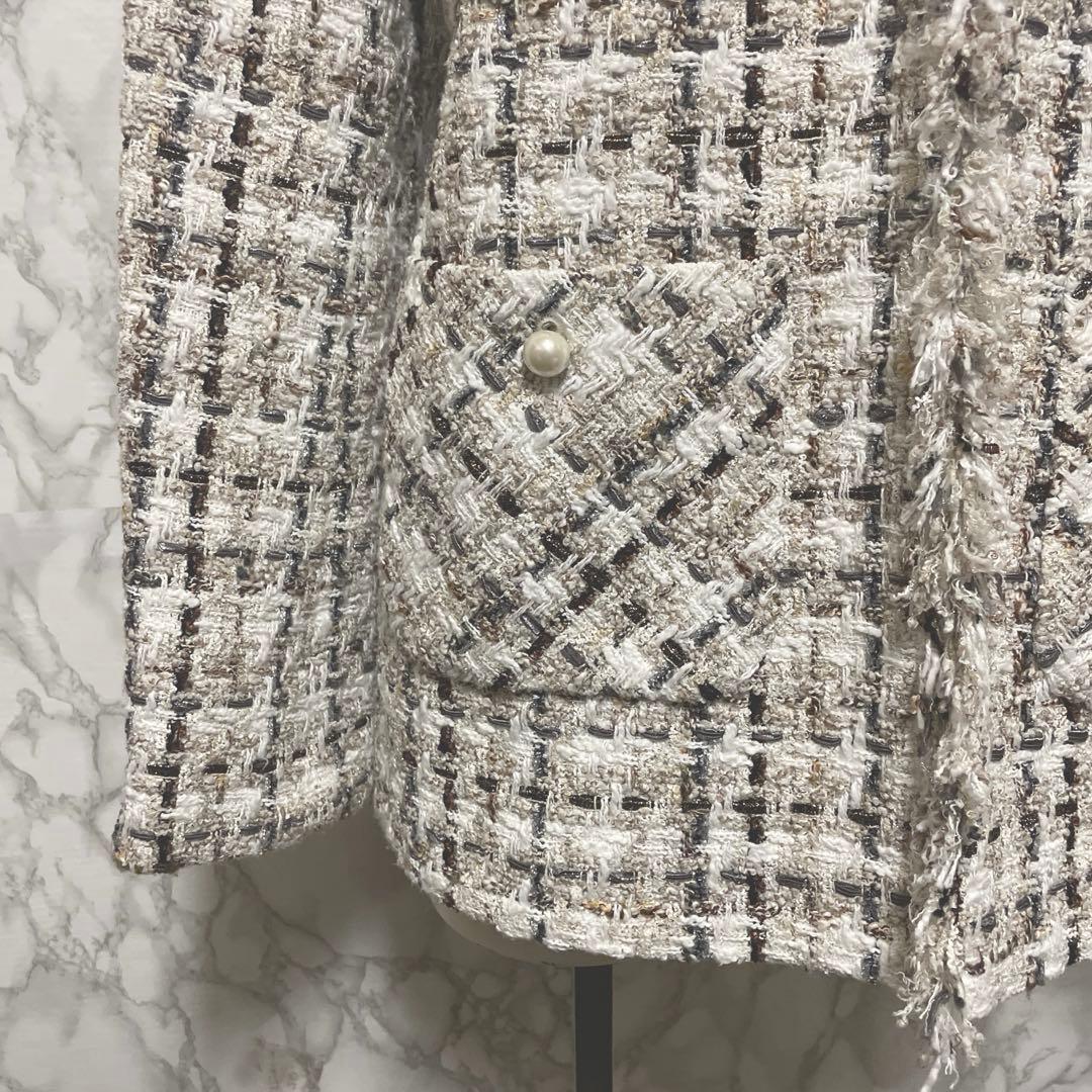美品スペシャルアイテム　ANAYI ラメスラブツイード　ロングジャケット　パール