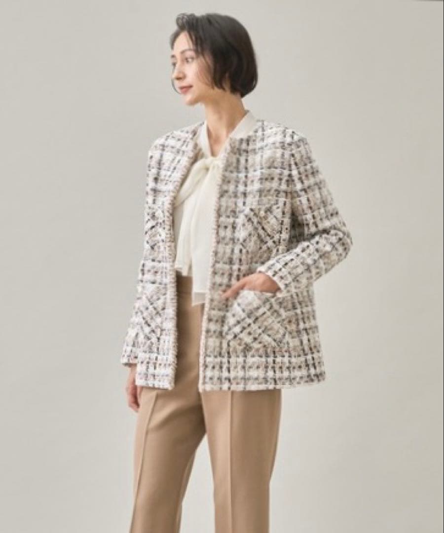 美品スペシャルアイテム　ANAYI ラメスラブツイード　ロングジャケット　パール