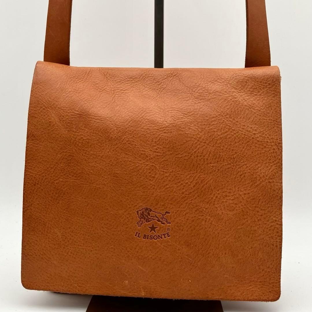 美品　イルビゾンテ　ショルダーバッグ　レザー　シボ革　ロゴ刻印　ブラウン
