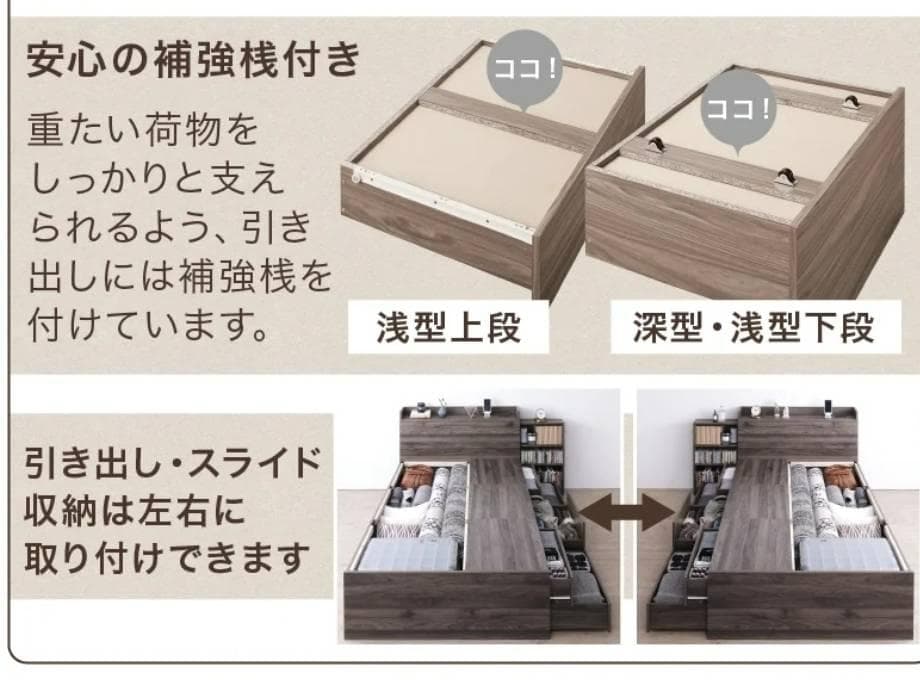 ダブルサイズ スライド収納付き 大容量チェストベッド ライトグレー