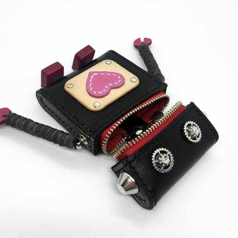 【本革】ロボット ミニレザーポーチ 小物入れ ブラック レッド ハンドメイド