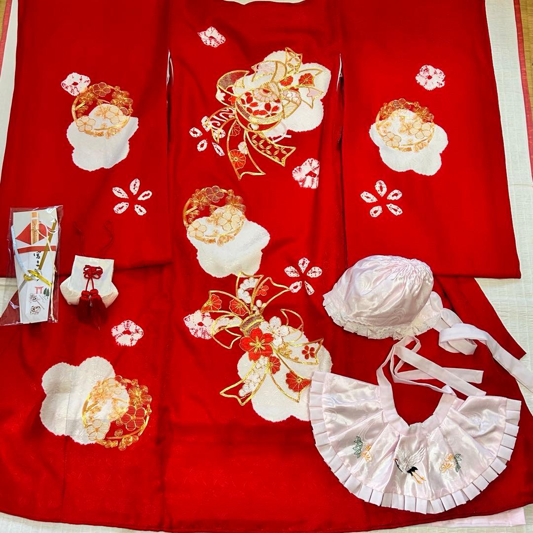 お宮参り 産着 絹 絞り 金駒刺繍 赤 子供着物 花 女の子 祝い着 赤ちゃん