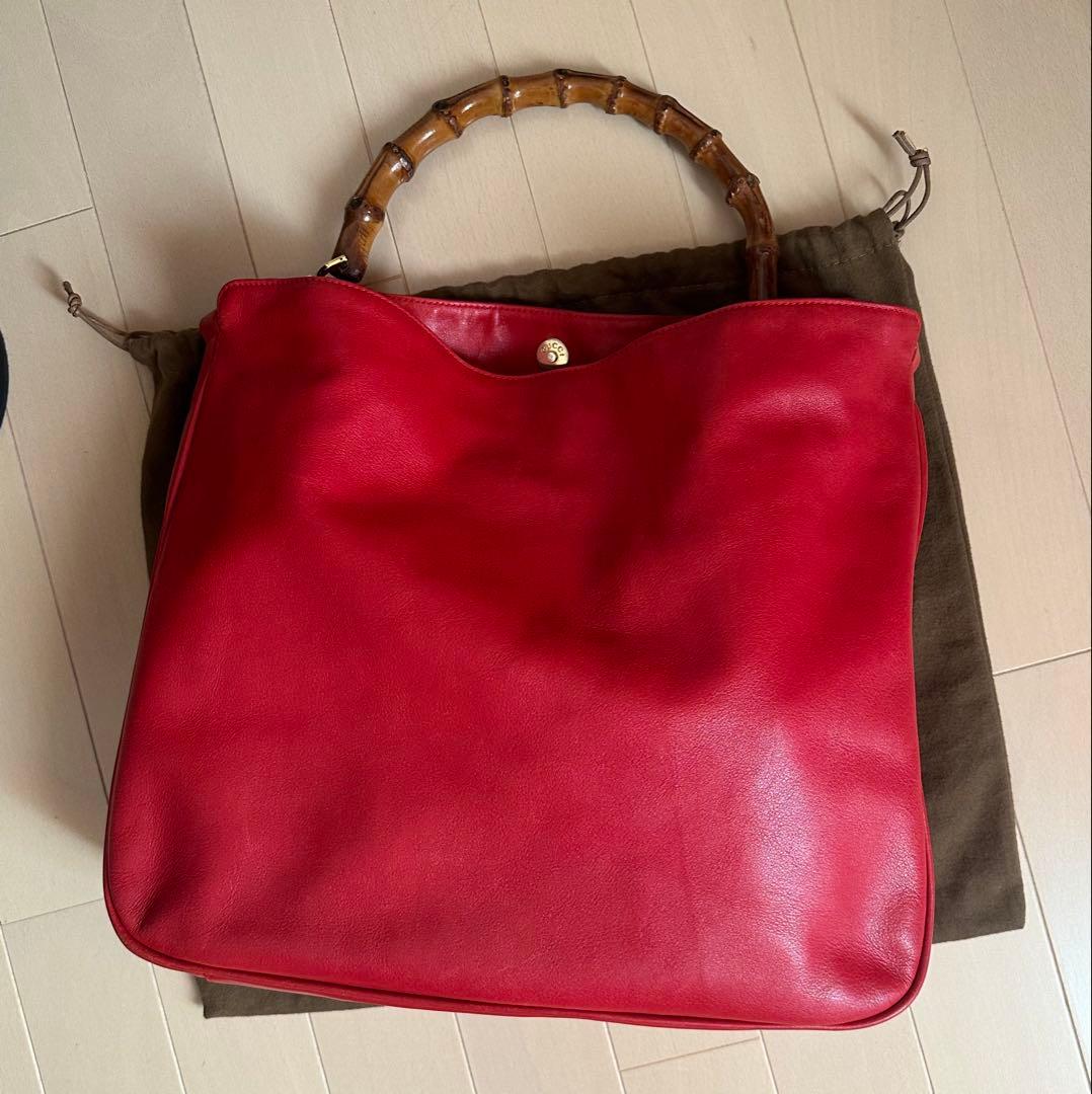 美品♪オールドグッチ　バンブートート大　赤