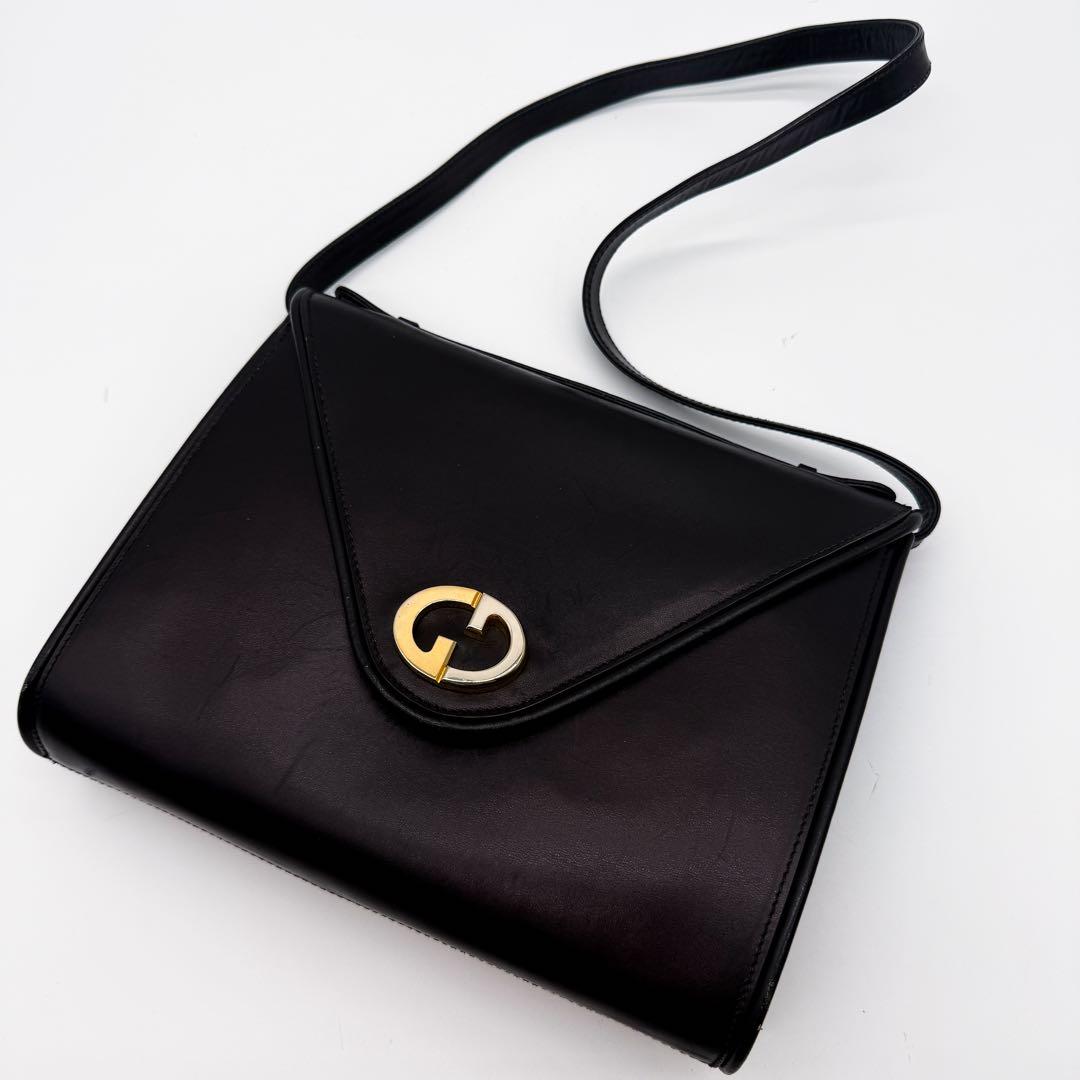 美品◆グッチ ショルダーバッグ G金具 カーフレザー ロゴ金具 ブラック