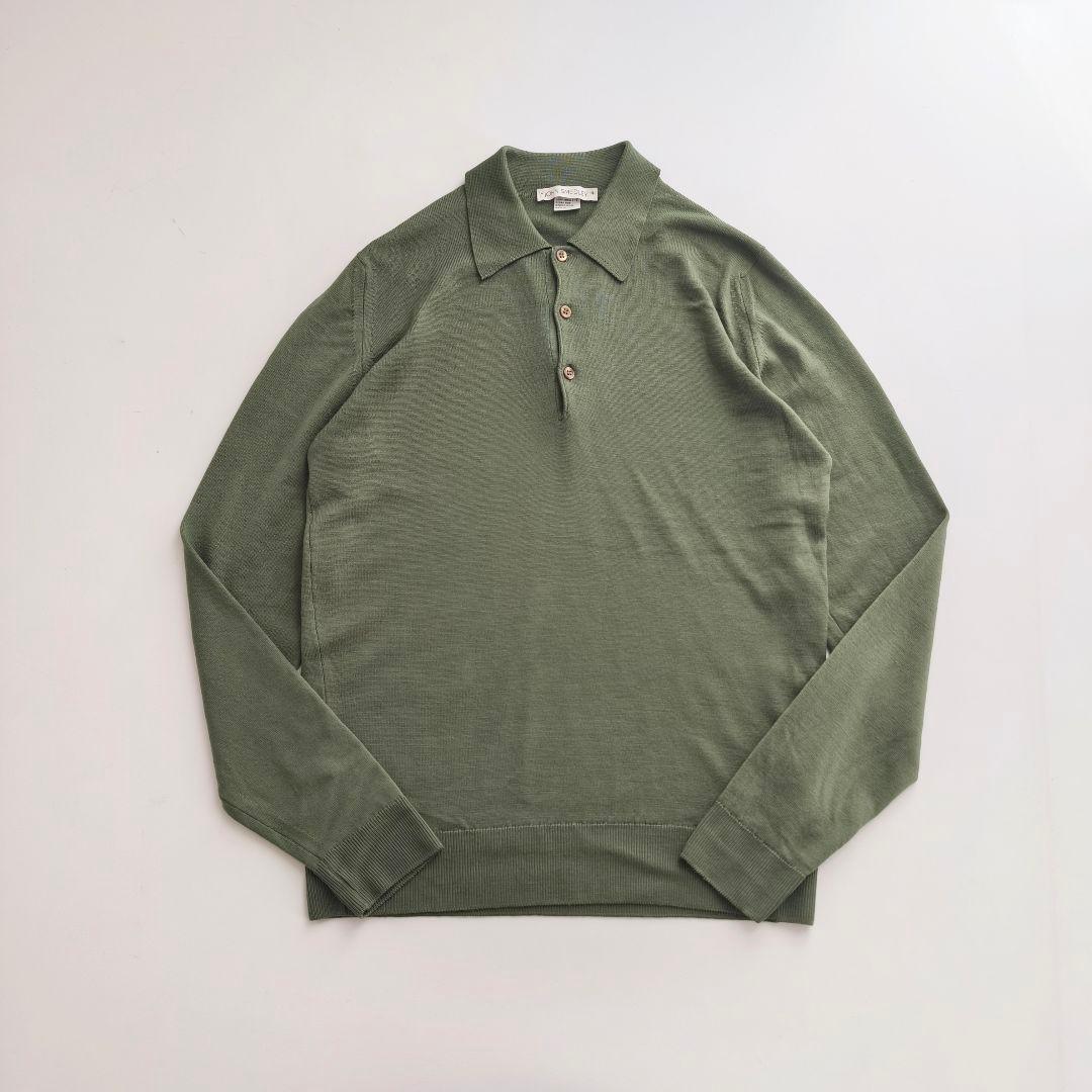 ジョンスメドレー　メリノウール　M ニットポロ　モスグリーン
