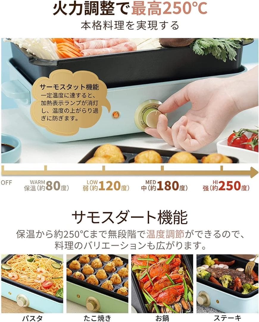 お洒落なレトロデザイン❣深鍋・平面・波型・たこ焼きの4WAYホットプレート♪❤