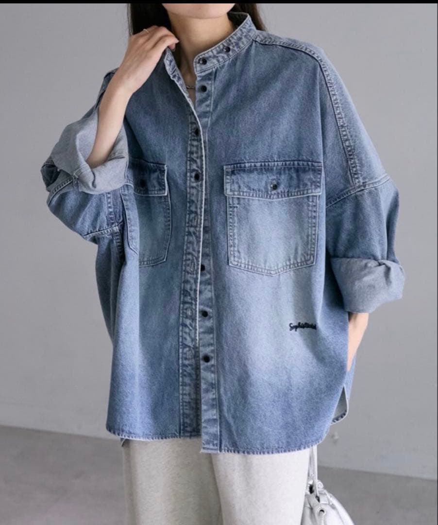 ピュアルセシン ヴィンテージライクデニムバンドカラーシャツ