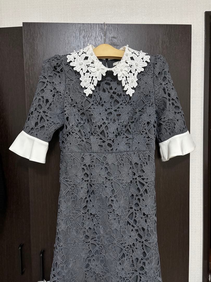 LEJA 花柄レースカラースパンコールAラインフレアドレス　ブルー　S