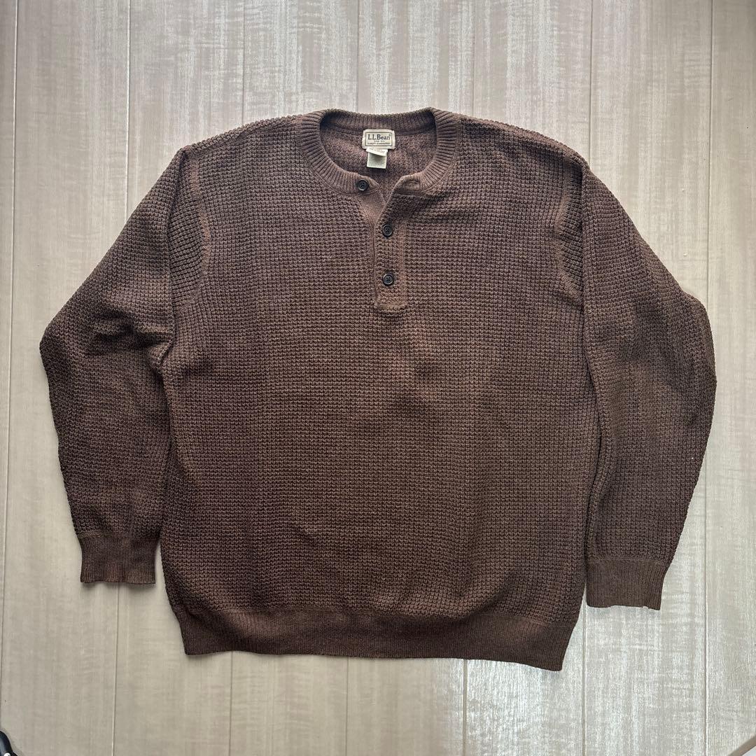 l.l.bean ヘンリーネックニット　セーター　ワッフル　ブラウン　90s