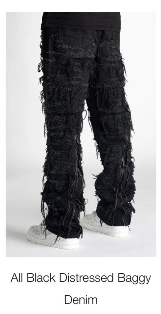 GUAPI オールブラック ダメージ バギーデニム 裾zip付き