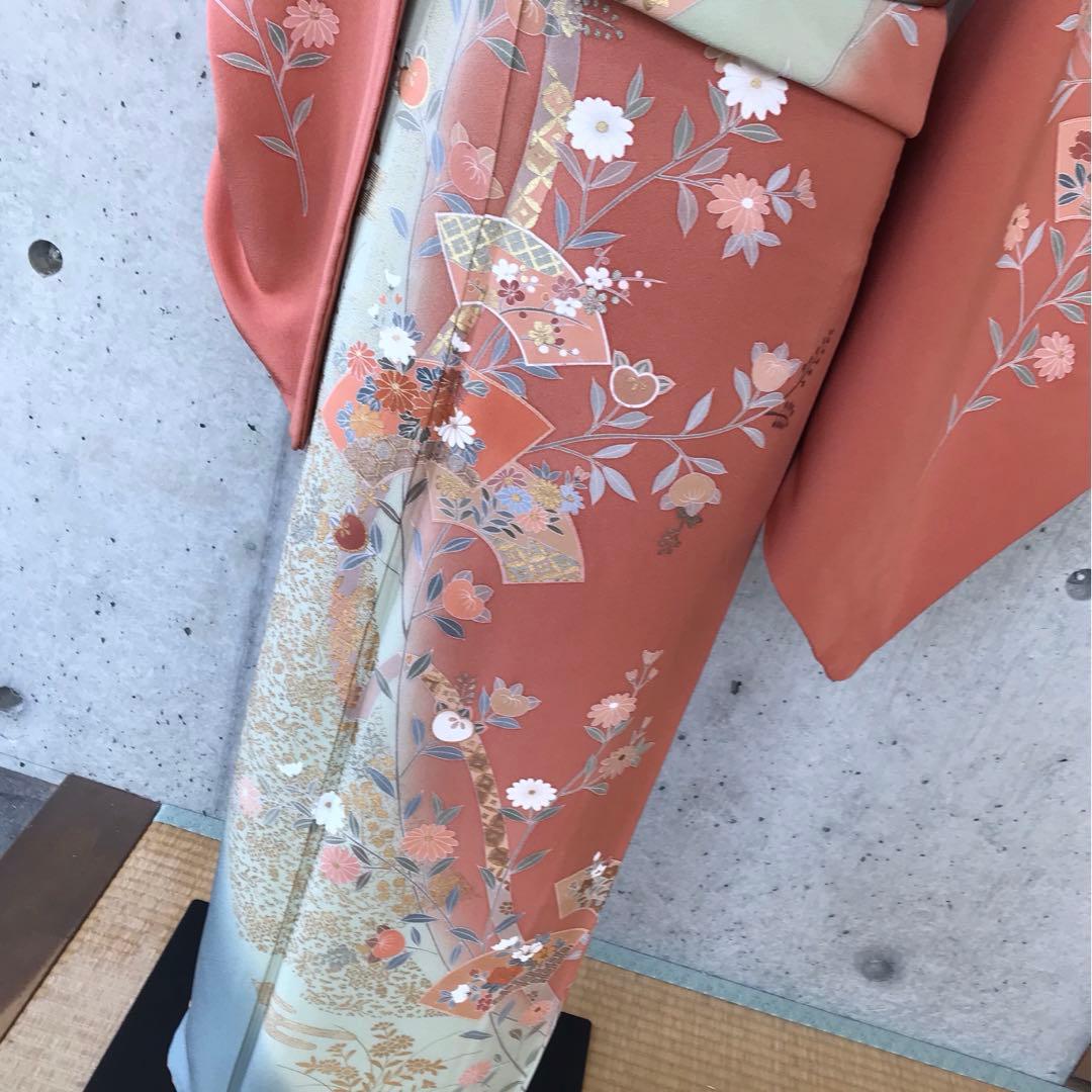 【染め分け】正絹　訪問着　扇に花橘　金箔　袷