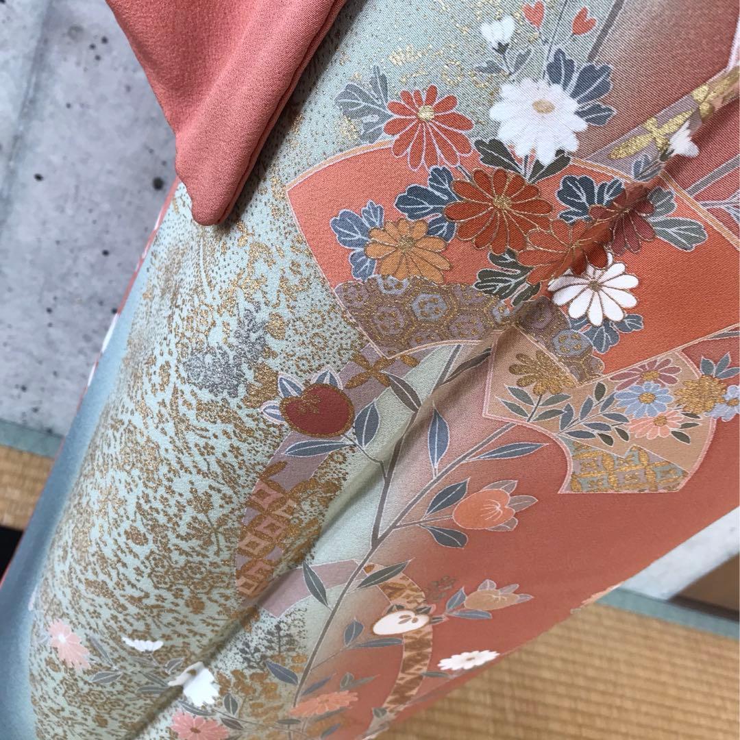 【染め分け】正絹　訪問着　扇に花橘　金箔　袷