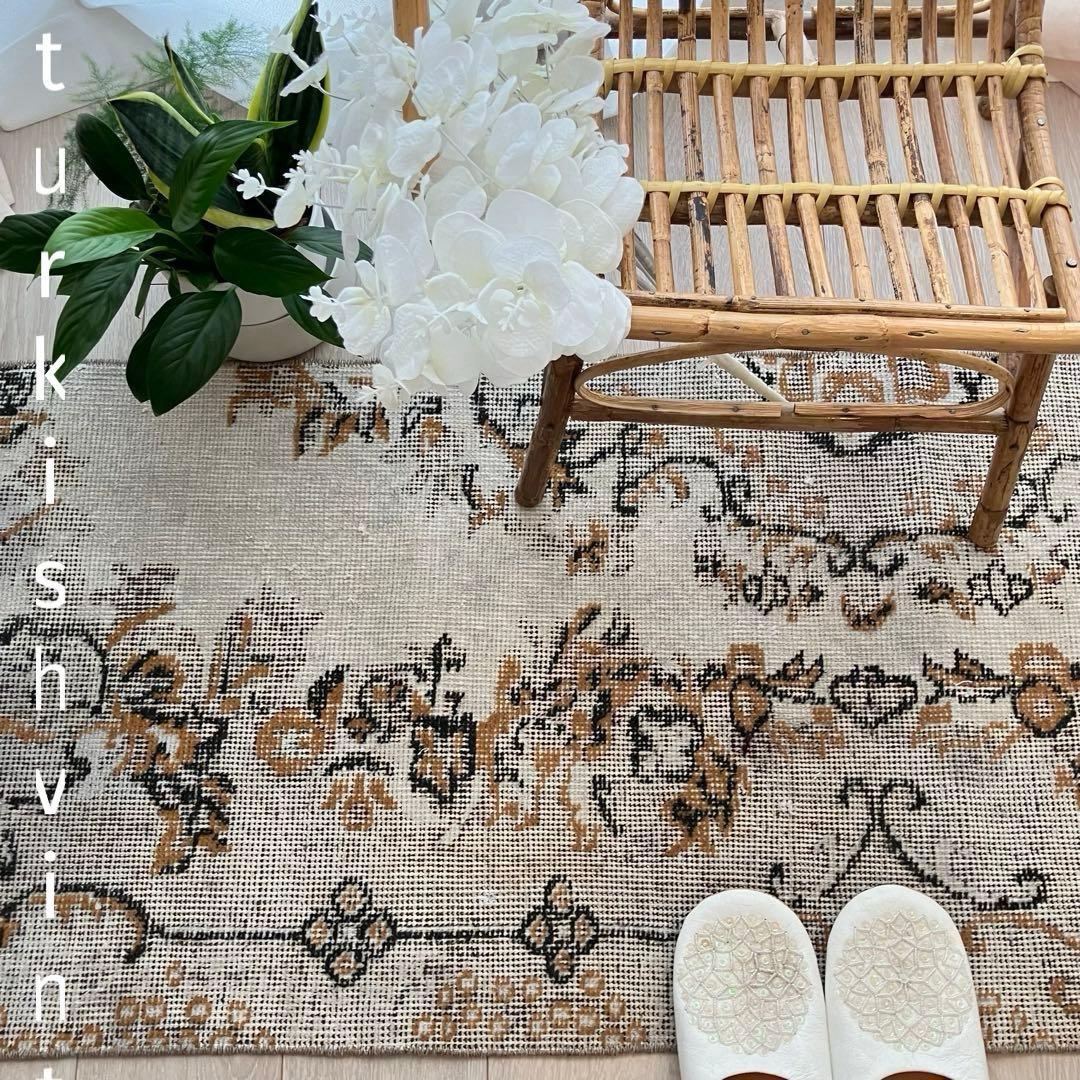 ライトグレー54×199ブラック　キャラメル　ランナー　トルコヴィンテージラグ