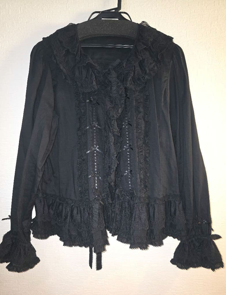 ピンクハウス 黒 ローズレース使いローンフリルブラウス