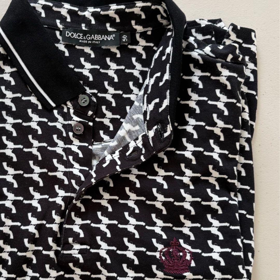 Dolce & Gabbana 総柄半袖ポロシャツ 王冠刺繍