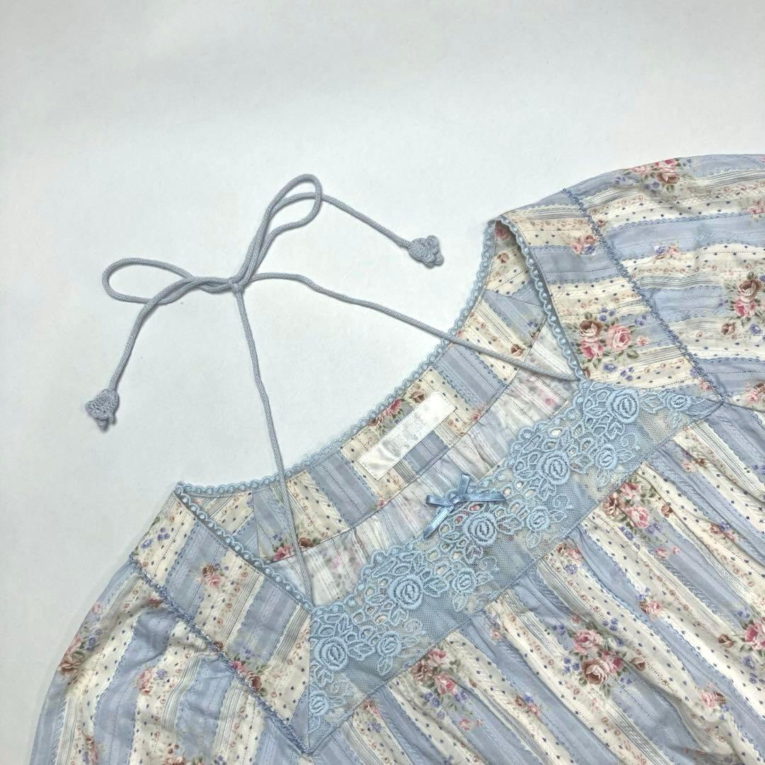 【美品】ピンクハウス 水色 バラストライプ柄 バラレース使い チュニック