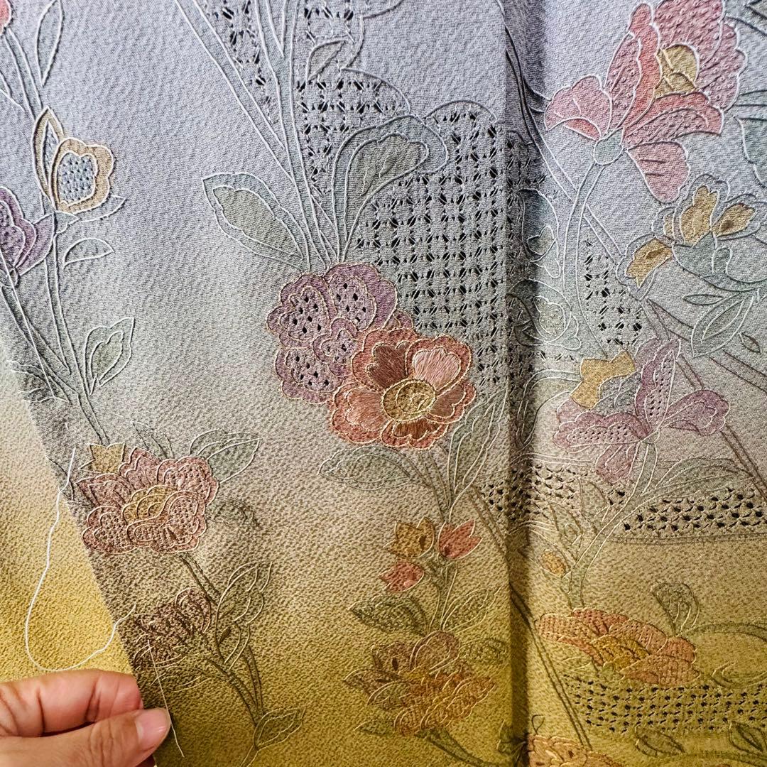 しつけ付き　正絹　袷　訪問着　着物　161裄64　汕頭刺繍　グラデ　黄緑　虹色