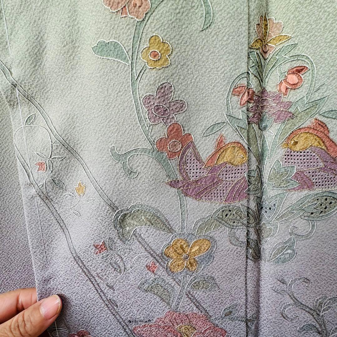 しつけ付き　正絹　袷　訪問着　着物　161裄64　汕頭刺繍　グラデ　黄緑　虹色