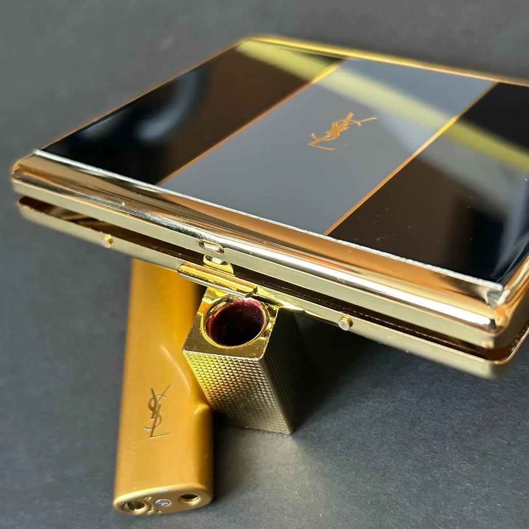 イヴサンローラン シガレットケース＋ライター＋火消 黒金 ロゴ ユニセックス美品