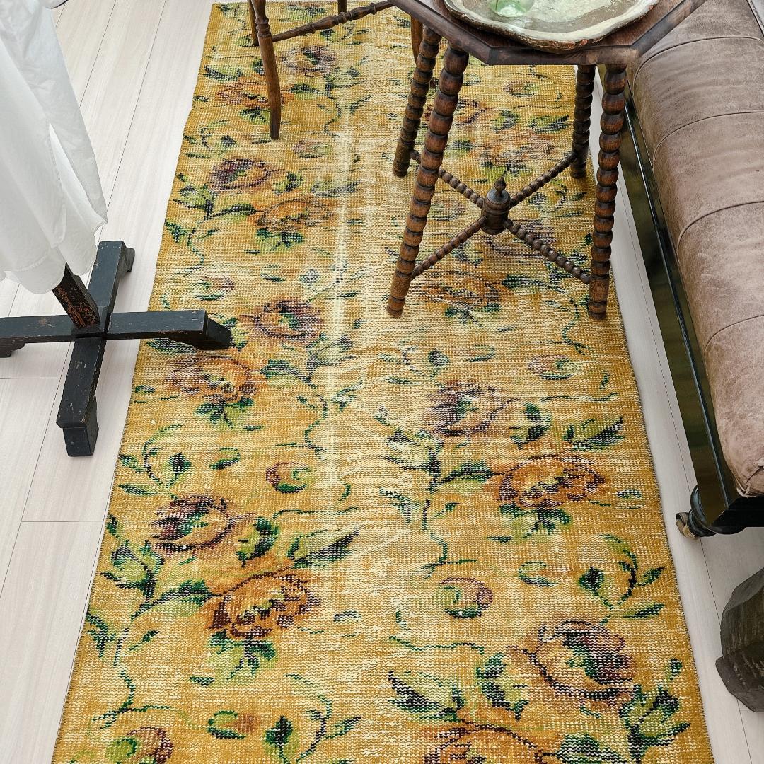 トルコヴィンテージラグ A77 レア イエロー グリーン オーバーダイラグ