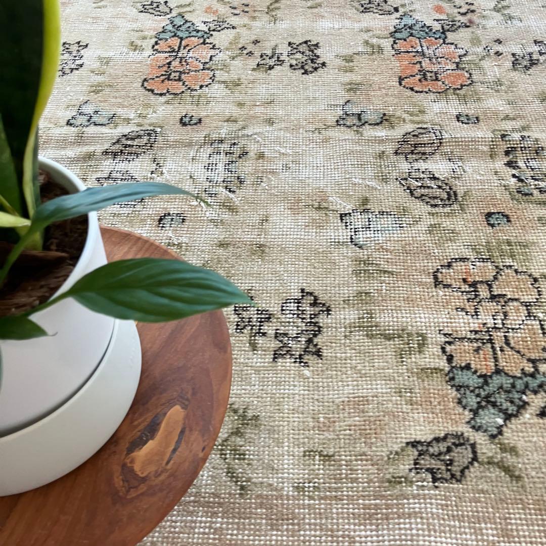 コーラル✳︎93×192カフェラテ／スカイブルー　フラワー　トルコヴィンテージラグ