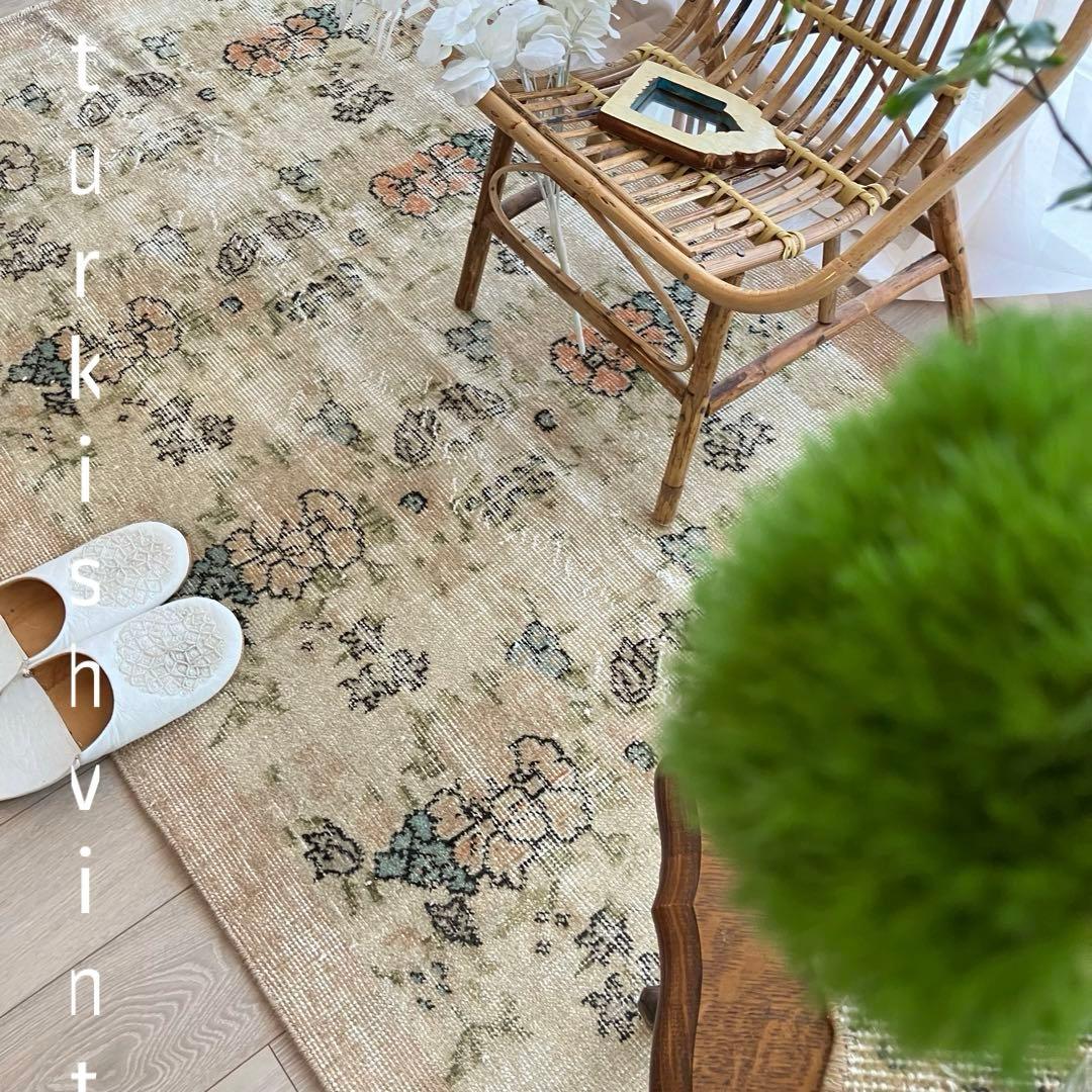 コーラル✳︎93×192カフェラテ／スカイブルー　フラワー　トルコヴィンテージラグ