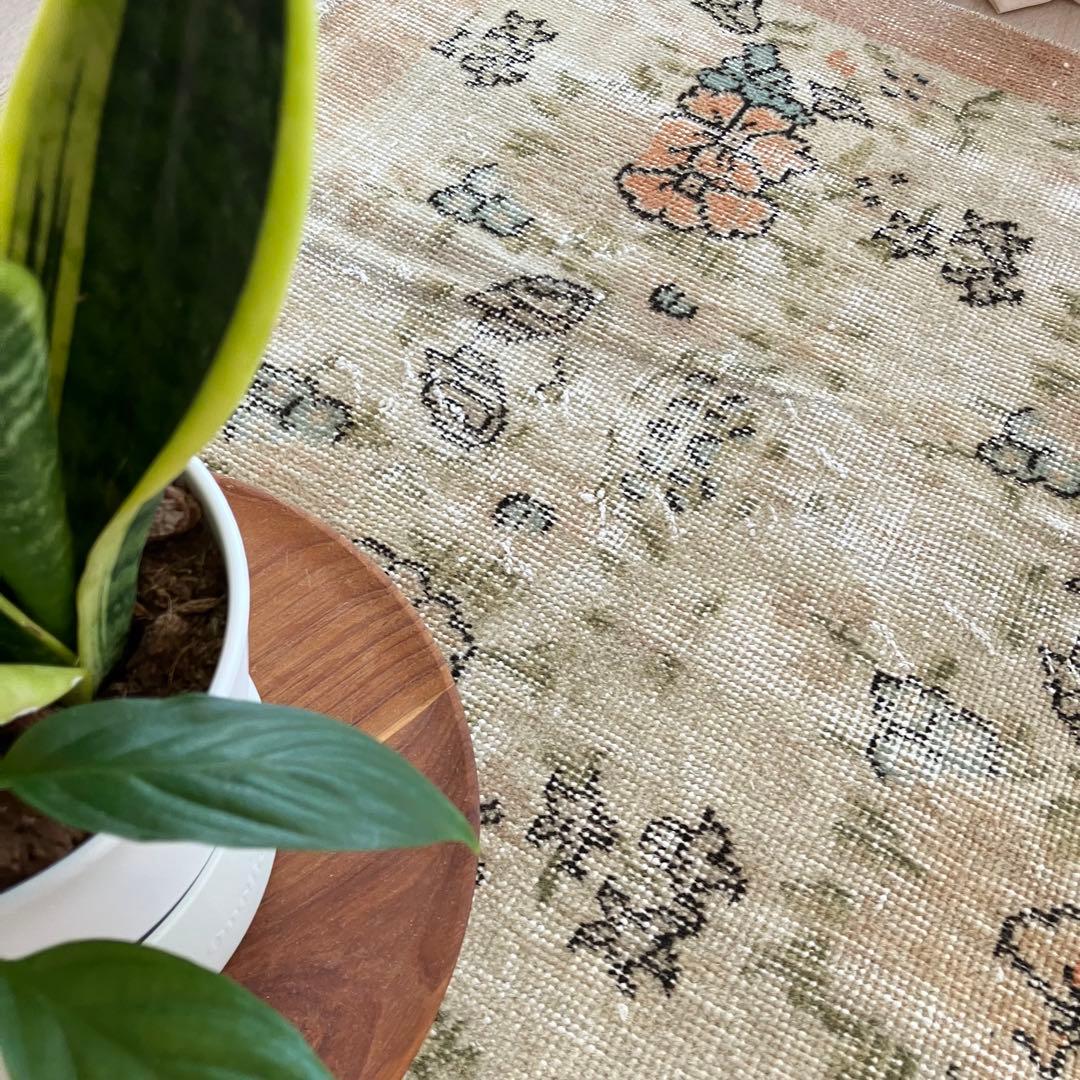 コーラル✳︎93×192カフェラテ／スカイブルー　フラワー　トルコヴィンテージラグ