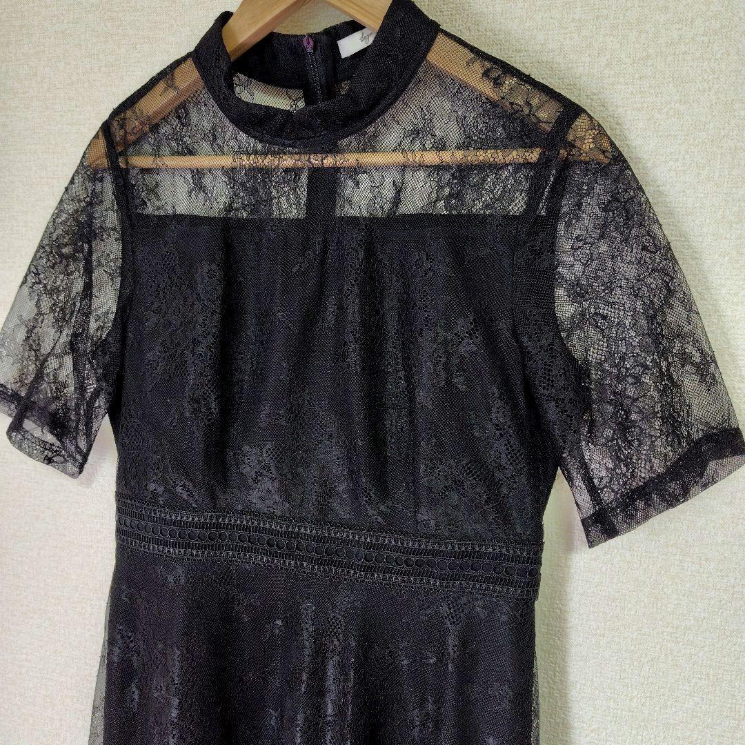 LEJA　ハイネック花柄レースウエストマーク透けロングドレスワンピース