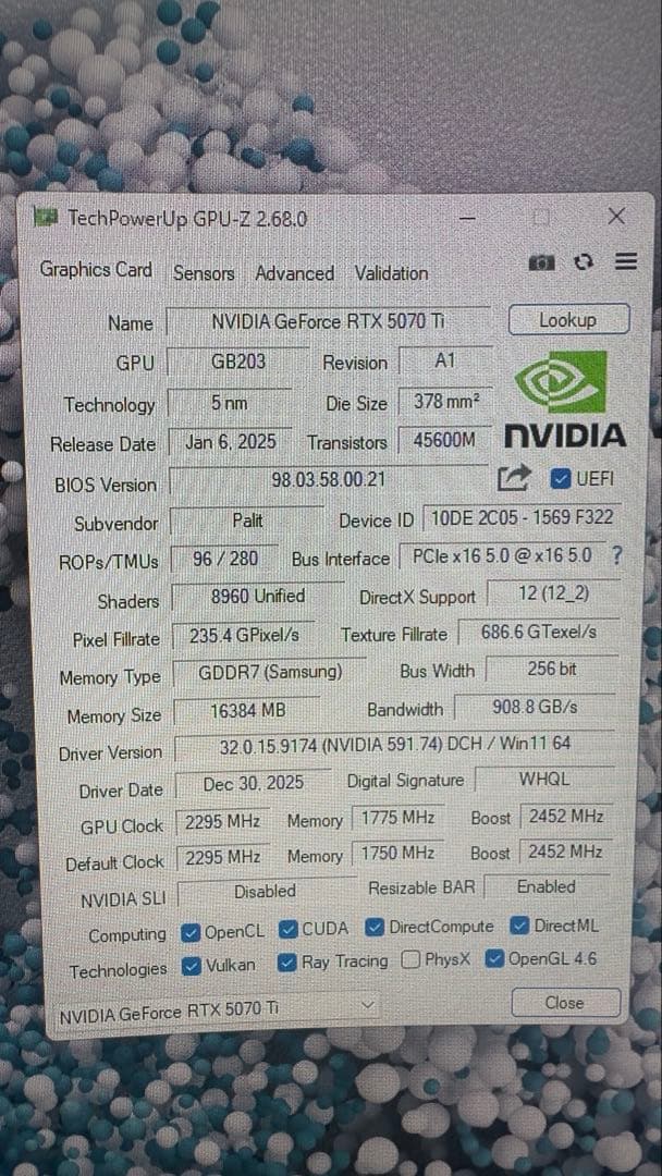 動作確認済 RTX 5070 Ti GAMINGPRO 16GB 非喫煙環境