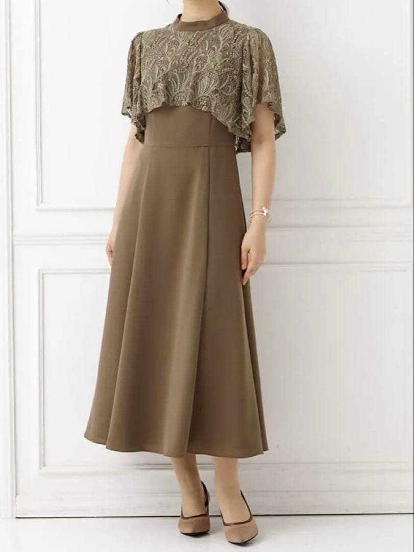 【AIMER】レースケープ風スリーブフィット＆フレアドレス/カーキ/Mサイズ