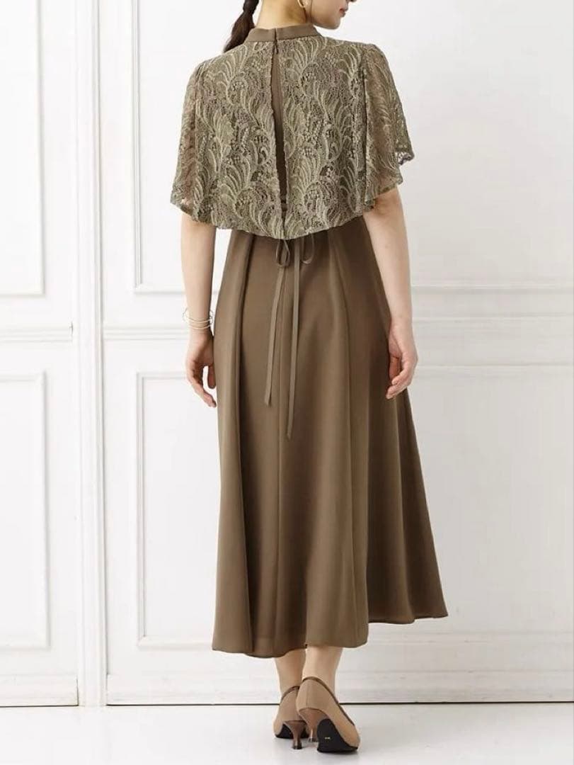 【AIMER】レースケープ風スリーブフィット＆フレアドレス/カーキ/Mサイズ