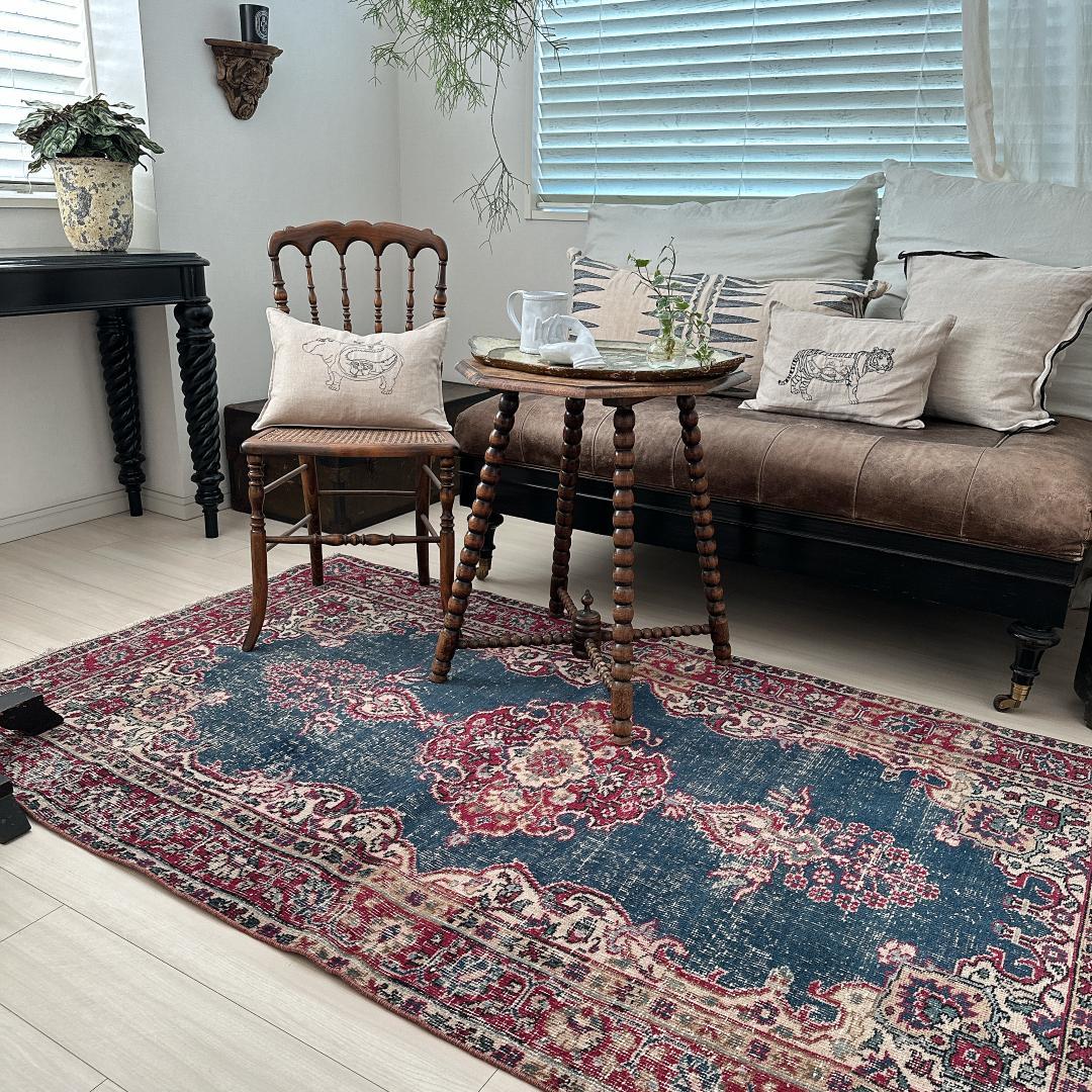 【訳アリ】トルコ ヴィンテージラグ A102 レア インディゴブルー レッド