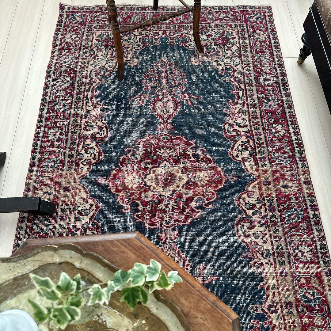 【訳アリ】トルコ ヴィンテージラグ A102 レア インディゴブルー レッド