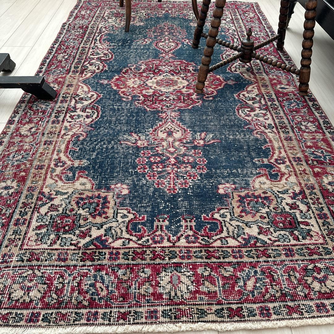 【訳アリ】トルコ ヴィンテージラグ A102 レア インディゴブルー レッド