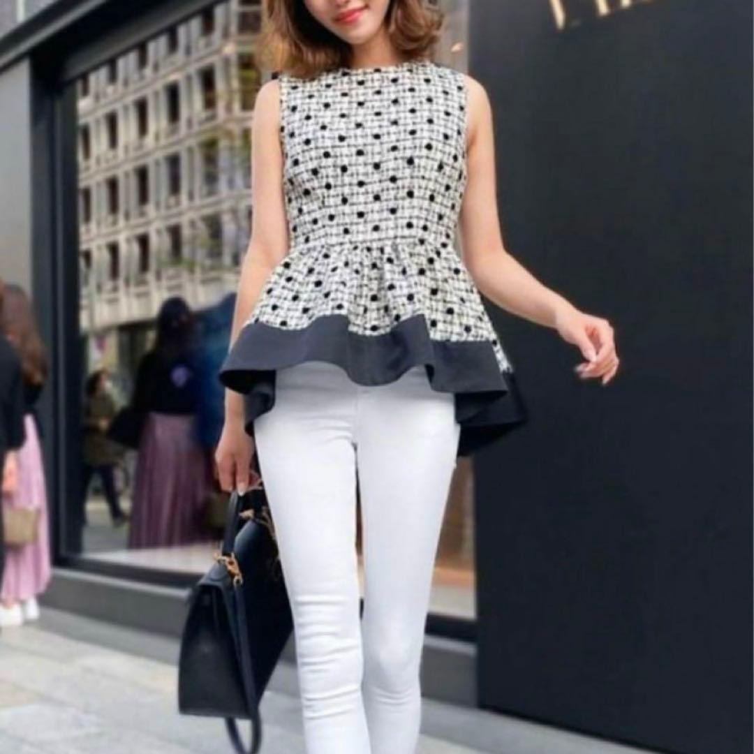 sheller シェリエ ノースリーブ ペプラムトップス 異素材 ブラック 黒