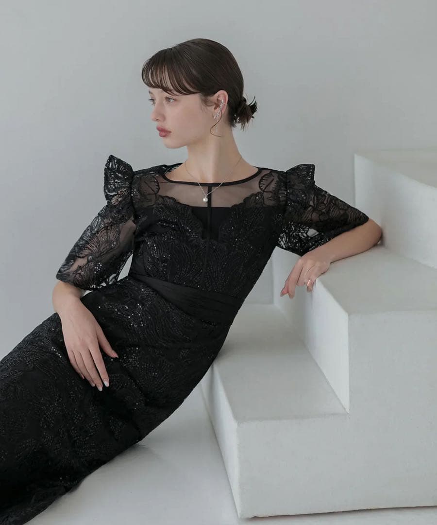LEJA フラワーレースシアーフリルマーメイドワンピースドレス ブラック